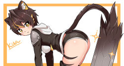 Rule 34 | 1girl, animal ear fluff, ass, bent over, black hair, black jacket, black panties, black thighhighs, body markings, border, cat girl, cat tail, character name, commentary, cougar (cougar1404), from side, hood, hood down, hooded jacket, jacket, kua (cougar1404), leaning forward, long sleeves, looking at viewer, multicolored hair, no pants, open mouth, orange border, orange hair, original, outside border, panties, prototype design, ribbed panties, short hair, smile, solo, sparkle, standing, streaked hair, sword, tail, thighhighs, underwear, weapon, wedgie, yellow eyes
