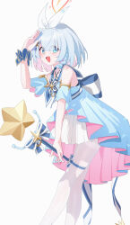 Rule 34 | 1girl, absurdres, alternate costume, arona (blue archive), back bow, bare shoulders, blue archive, blue bow, blue dress, blue eyes, blue hair, blue scrunchie, blush, bow, braid, colored inner hair, dress, eyes visible through hair, halo, highres, holding, holding wand, looking at viewer, multicolored hair, open mouth, pantyhose, pink dress, pink hair, red halo, scrunchie, short hair, short sleeves, simple background, single braid, smile, solo, star (symbol), wand, white background, white pantyhose, wrist scrunchie, xintianou