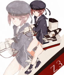 Rule 34 | 10s, 1girl, bare legs, blue dress, blue socks, blunt bangs, brown eyes, brown hair, character name, dress, hat, kantai collection, kneehighs, legs, long sleeves, looking at viewer, machinery, neckerchief, poco (backboa), sailor collar, sailor dress, sailor hat, short hair, socks, solo, z3 max schultz (kancolle), zoom layer
