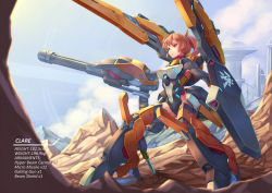 Rule 34 | 1girl, bigrbear, blue sky, breasts, brown hair, character name, closed mouth, cloud, covered navel, day, gun, height, highres, holding, large breasts, legs apart, leotard, machine gun, machinery, mecha musume, original, outdoors, ponytail, red eyes, robot ears, rock, science fiction, sky, smile, solo, standing, weapon, weight