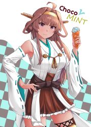 Rule 34 | 1girl, ahoge, alternate color, brown hair, brown skirt, checkered background, detached sleeves, double bun, food, hair bun, hairband, hakama, hakama skirt, hand on own hip, headgear, highres, holding, holding food, holding ice cream, ice cream, ice cream cone, japanese clothes, jouzaburou (joe3), kantai collection, kongou (kancolle), long hair, nontraditional miko, pleated skirt, purple eyes, ribbon-trimmed sleeves, ribbon trim, skirt, solo