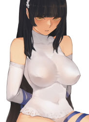 Rule 34 | 1girl, absurdres, black hair, blue ribbon, blunt bangs, breasts, brown eyes, collarbone, covered erect nipples, elbow gloves, girls&#039; frontline, gloves, hairband, highres, large breasts, long hair, navel, parted lips, ribbon, sidelocks, simple background, solo, sungwon, turtleneck, type 95 (girls&#039; frontline), white background, white gloves