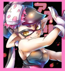 Rule 34 | + +, 1girl, bare shoulders, black background, black dress, black hair, blush, bow, breasts, callie (splatoon), character name, cleavage, close-up, dress, earrings, enshima akira, eyebrows, food, food on head, gloves, hair bow, hat, inkling, jewelry, long hair, looking at viewer, mole, mole under eye, nintendo, object on head, pointy ears, smile, solo, splatoon (series), splatoon 1, strapless, symbol-shaped pupils, tentacle hair, tentacles, thick eyebrows, upper body, white gloves, yellow eyes