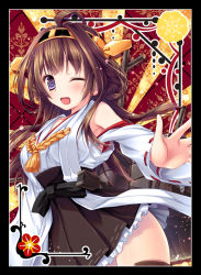 Rule 34 | 10s, 1girl, ;d, ahoge, boots, brown hair, detached sleeves, female focus, frilled skirt, frills, hair ornament, hairband, kadokawa games, kantai collection, kino konomi, kongou (kancolle), konomi (kino konomi), long sleeves, looking at viewer, nontraditional miko, one eye closed, open mouth, personification, pleated skirt, purple eyes, ribbon trim, skirt, smile, solo, thigh boots, thighhighs, wide sleeves, wink, zettai ryouiki