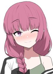Rule 34 | 1girl, black bow, blush, bocchi the rock!, bow, braid, closed mouth, collarbone, earrings, hair bow, halulu, highres, hiroi kikuri, jacket, jewelry, looking at viewer, one eye closed, red eyes, red hair, ringed eyes, simple background, single braid, smile, solo, stud earrings, white background