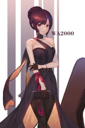 Rule 34 | 1girl, absurdres, alternate hairstyle, bag, bare shoulders, blush, braid, braided bun, breasts, brown hair, character name, choker, collarbone, dress, evening gown, frown, girls&#039; frontline, gloves, hair bun, handbag, highres, holding own arm, homong, instrument case, looking at viewer, medium breasts, official alternate costume, red eyes, revision, single hair bun, solo, standing, wa2000 (ballroom interlude) (girls&#039; frontline), wa2000 (girls&#039; frontline)