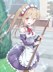 Rule 34 | 10s, 1girl, apron, bare shoulders, blush, broom, brown hair, detached sleeves, elf, frills, highres, long hair, looking at viewer, maid, maid apron, maid headdress, myucel foalan, ninnzinn, open mouth, outbreak company, outdoors, pointy ears, purple eyes, smile, solo, twintails