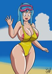 Rule 34 | 1girl, alternate breast size, artist request, bare shoulders, beach, blue eyes, blue hair, blue sky, breasts, cameltoe, cleavage, curvy, derivative work, diving mask, diving mask on head, dragon ball, dragonball z, goggles, goggles on head, highleg, highleg swimsuit, highres, long hair, looking at viewer, maron (dragon ball), maron redraw challenge (meme), meme, meme attire, nipples, one-piece swimsuit, salute, screenshot redraw, shiny skin, sky, smile, swimsuit, water, wide hips, yellow one-piece swimsuit
