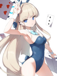 Rule 34 | 1girl, absurdres, animal ears, aqua bow, aqua bowtie, armpits, bananafish1111, blonde hair, blue archive, blue eyes, blue leotard, bow, bowtie, breasts, card, detached collar, earpiece, fake animal ears, fake tail, halo, highleg, highleg leotard, highres, holding case, leotard, long hair, looking at viewer, medium breasts, official alternate costume, playboy bunny, rabbit ears, rabbit tail, solo, strapless, strapless leotard, tail, thighhighs, toki (blue archive), toki (bunny) (blue archive), v, very long hair, white wrist cuffs, wrist cuffs