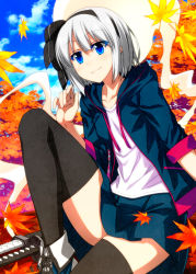 Rule 34 | 1girl, alternate costume, autumn leaves, black hairband, black ribbon, black thighhighs, blue eyes, blue footwear, blue jacket, blue skirt, blue sky, blush, casual, cloud, collarbone, colored eyelashes, commentary request, contemporary, day, drawstring, feet out of frame, hair between eyes, hair ribbon, hairband, hand up, highres, hitodama, hood, hooded jacket, jacket, katana, knee up, konpaku youmu, konpaku youmu (ghost), looking at viewer, miniskirt, open clothes, open jacket, outdoors, ribbon, sazanami mio, scabbard, sheath, sheathed, shirt, shoes, short hair, short sleeves, sidelocks, silver hair, sitting, skirt, skirt set, sky, smile, sneakers, solo, sword, thighhighs, thighs, touhou, weapon, white shirt, zettai ryouiki