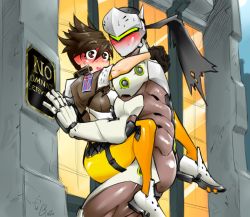 Rule 34 | 1boy, 1girl, against wall, blush, bodysuit, bomber jacket, caught, chip-tooth, chiptooth, couple, cyborg, embarrassed, full-face blush, genji (overwatch), hetero, hug, implied sex, jacket, leg lock, lifting person, looking at viewer, outdoors, overwatch, overwatch 1, sexually suggestive, shoes, sneakers, sweatdrop, tracer (overwatch)