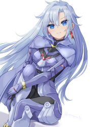 Rule 34 | 1girl, a (xenoblade), absurdres, blue cape, blue eyes, blue pupils, cape, closed mouth, earrings, eyes visible through hair, frown, grey hair, hair intakes, high collar, highres, jewelry, kuro (be ok), long hair, looking at viewer, messy hair, ringed eyes, simple background, single earring, sitting, solo, twitter username, very long hair, white background, xenoblade chronicles (series), xenoblade chronicles 3, xenoblade chronicles 3: future redeemed