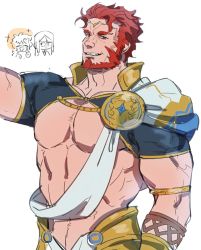 Rule 34 | abs, alternate costume, ancient greek clothes, arm up, armor, bara, beard, blush, capelet, chibi, chibi inset, cosplay, covered navel, crown, facial hair, fate/grand order, fate/zero, fate (series), fujimaru ritsuka (male), greco-roman clothes, iskandar (fate), jeje (pixiv12541114), large pectorals, leather, long hair, looking at another, looking at viewer, male focus, manly, multiple boys, muscular, nipples, pectorals, red eyes, red hair, revealing clothes, sash, scar, scar on face, short sleeves, simple background, smile, solo focus, sparkle, upper body, waver velvet, zeus (fate), zeus (fate) (cosplay)