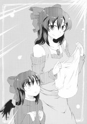 Rule 34 | 2girls, alternate costume, apron, bare shoulders, black hair, bow, child, comic, greyscale, hair bow, highres, jewelry, kokuu haruto, kuro goma (kakkou11), long hair, monochrome, mother and daughter, multiple girls, necklace, non-web source, off-shoulder, off-shoulder sweater, off shoulder, original, reiuji utsuho, shirt, smile, sweater, touhou, whitesesame, wings, aged down