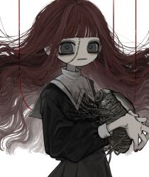 Rule 34 | 1girl, animal, black shirt, blood, blunt bangs, body horror, brown hair, bug, closed mouth, floating hair, grey eyes, grey skirt, highres, holding, holding animal, long hair, long sleeves, looking at viewer, original, oshio (shioqqq), sailor collar, shirt, simple background, skirt, sleeve cuffs, solo, standing, stitched face, stitches, tube, upper body, wavy hair, white background, white sailor collar