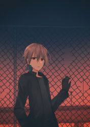 Rule 34 | 1girl, bad id, bad pixiv id, black gloves, black jacket, black shirt, blue ribbon, chain-link fence, chihuri, damaged, fence, gloves, gradient sky, hair between eyes, hair ribbon, hand up, jacket, light brown hair, long sleeves, looking at viewer, night, night sky, open clothes, open jacket, original, outdoors, parted lips, red eyes, red sky, ribbon, shirt, short hair, sky, solo, zhou sky amane sora (chihuri)