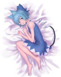 Rule 34 | 1girl, :p, animal ears, ass, bare arms, bare shoulders, barefoot, blue bow, blue dress, blue eyes, blue hair, blue wings, bow, cat ears, cat tail, choker, cirno, clenched hands, commentary request, dress, full body, hair between eyes, hair bow, ice, ice wings, kemonomimi mode, looking at viewer, lying, on side, red choker, roke (taikodon), short dress, short hair, sleeveless, sleeveless dress, smile, solo, tail, tongue, tongue out, touhou, wings