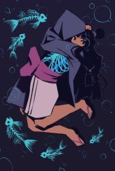 1girl ace_attorney black_background black_hair bubble commentary english_commentary fish_skeleton highres leeeeeeef long_hair maya_fey okobo sandals solo surreal toes topknot