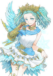 Rule 34 | 1girl, aqua hair, asymmetrical wings, blue eyes, blue sash, blue scarf, blue wings, bracelet, collar, commentary, crystal, dress, feet out of frame, final fantasy, final fantasy xiv, gauntlets, hand up, highres, jewelry, layered dress, looking at viewer, menphina, metal collar, no pupils, reitomo, sash, scarf, short hair, short twintails, simple background, single gauntlet, skirt hold, sleeveless, sleeveless dress, smile, snowflakes, solo, standing, tiara, twintails, wavy hair, white background, white dress, wings