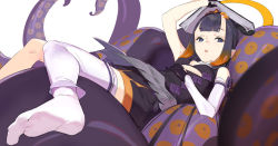 Rule 34 | 1girl, ao-chan (ninomae ina&#039;nis), black dress, black gloves, black hair, blue eyes, blunt bangs, blurry, blurry foreground, book, breasts, commentary, cutout above navel, detached sleeves, dress, english commentary, flower knot, foot out of frame, gloves, gradient hair, halo, headpiece, holding, holding book, hololive, hololive english, knees together feet apart, long hair, looking at viewer, low wings, lying, miniskirt, mole, mole under eye, multicolored hair, ninomae ina&#039;nis, on back, open mouth, orange hair, orange skirt, pako (pakosun), simple background, single sleeve, single thighhigh, skirt, skirt under dress, small breasts, solo, straight hair, strapless, strapless dress, tentacle hair, tentacles, thighhighs, tube dress, two-tone hair, virtual youtuber, white background, white thighhighs, wings