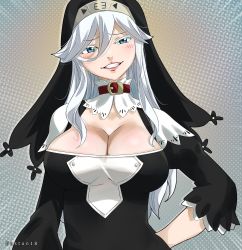 Rule 34 | 1girl, blue eyes, breasts, cleavage, colorized, eden&#039;s zero, gaston18, highres, large breasts, long hair, looking at viewer, mashima hiro, nun, silver hair, sister ivry, smile
