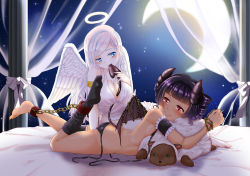 Rule 34 | 2girls, :&gt;, angel, angel and devil, angel wings, arm support, armlet, ass, bad id, bad pixiv id, barefoot, bdsm, bed, between breasts, bikini, biting, biting another&#039;s tail, black bikini, black hair, blue eyes, blunt bangs, blush, bondage, bound, bound legs, bound wrists, breasts, butt crack, chain, cleavage, closed mouth, crescent moon, cuffs, curtains, dark-skinned female, dark skin, demon girl, demon horns, demon tail, demon wings, dress, drill hair, femdom, full body, halo, head tilt, holding tail, horns, kneehighs, leg up, long hair, looking at another, lying, medium breasts, moon, multiple girls, nekomori (nekomori-n), night, night sky, on bed, on stomach, original, red eyes, role reversal, shackles, short hair, side-tie bikini bottom, single kneehigh, single sock, sitting, sky, sleeveless, sleeveless dress, socks, star (sky), starry sky, stuffed animal, stuffed sheep, stuffed toy, swept bangs, swimsuit, tail, tail between breasts, tail biting, tears, twin drills, untied bikini, white dress, white hair, white wings, wings, yuri
