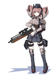 Rule 34 | 1girl, adapted costume, anchor hair ornament, atlanta (kancolle), backpack, bag, black footwear, black hat, black skirt, boushi-ya, breasts, brown hair, brown shirt, bullpup, camouflage, commentary request, dress shirt, earrings, full body, garrison cap, garter straps, gloves, grey eyes, gun, hair ornament, hat, high-waist skirt, highres, jewelry, kantai collection, long hair, long sleeves, looking at viewer, medium breasts, microphone, partially fingerless gloves, rifle, shirt, simple background, skirt, sniper rifle, solo, standing, star (symbol), star earrings, suspender skirt, suspenders, thigh strap, two side up, walther, walther wa 2000, weapon, white background, white gloves