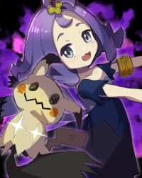 Rule 34 | 1girl, :d, acerola (pokemon), armlet, blue dress, commentary request, creatures (company), dress, flipped hair, from side, game freak, gen 7 pokemon, glowing, grey dress, grey eyes, hair ornament, hairclip, highres, looking at viewer, medium hair, mimikyu, multicolored clothes, multicolored dress, nintendo, open mouth, peppedayo ne, pokemon, pokemon (creature), pokemon sm, purple hair, short sleeves, smile, tongue, topknot, torn clothes, torn dress