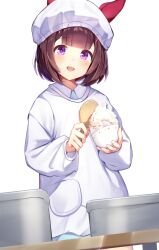 Rule 34 | 1girl, :d, animal ears, apron, blush, bowl, brown hair, commentary request, highres, horse ears, horse girl, kappougi, long sleeves, looking at viewer, nishino flower (umamusume), open mouth, purple eyes, rice, shamoji, short hair, simple background, smile, solo, umamusume, white background, white headwear, yamada auto
