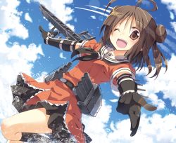 Rule 34 | 10s, 1girl, ;d, antenna hair, brown eyes, brown hair, cloud, day, double bun, gloves, kantai collection, lens flare, looking at viewer, machinery, naka (kancolle), ocean, one eye closed, open mouth, personification, satou kibi, sea spray, sky, smile, solo, turret, water, wink