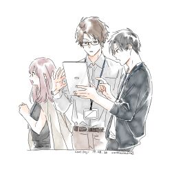 Rule 34 | 1girl, 2boys, absurdres, artist name, belt, black eyes, black hair, brown belt, brown eyes, brown hair, brown pants, character request, collared shirt, commentary request, cool doji danshi, cowboy shot, dated, glasses, grey shirt, highres, holding, holding tablet pc, id card, jacket, lanyard, long hair, long sleeves, mima takayuki, multiple boys, nata kokone, open clothes, open jacket, open mouth, pants, shiki souta, shirt, sleeves past elbows, tablet pc, white shirt