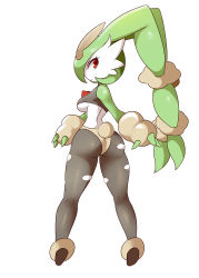 Rule 34 | 1girl, absurdres, animal ears, ass, black pantyhose, black shirt, breasts, creatures (company), from behind, full body, fusion, game freak, gardevoir, gen 3 pokemon, gen 4 pokemon, green hair, hair over one eye, highres, kneepits, legs, looking back, lopunny, lucyfer, mega lopunny, mega pokemon, nintendo, no humans, pale skin, panties, pantyhose, pokemon, pokemon (creature), rabbit ears, rabbit tail, red eyes, shirt, short hair, simple background, sleeveless, sleeveless shirt, solo, tail, thighs, torn clothes, torn pantyhose, underboob, underwear, white background, white panties