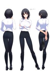 Rule 34 | 1girl, :d, alternate costume, arms behind back, artist name, ass, black footwear, black hair, black pants, boots, breasts, commission, crossed arms, full body, gluteal fold, kantai collection, knee boots, koruri, large breasts, long sleeves, looking at viewer, multiple views, open mouth, pants, parted lips, red eyes, short hair, simple background, skeb commission, smile, standing, standing on one leg, sweater, takao (kancolle), thigh gap, tight clothes, tight pants, twitter username, white background, white sweater