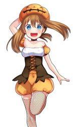 Rule 34 | 1girl, :d, arm behind head, bad id, bad pixiv id, bare shoulders, black neckwear, blue eyes, blush, brown hair, choker, creatures (company), fishnet thighhighs, fishnets, game freak, halloween, highres, long hair, looking at viewer, may (pokemon), may (pokemon oras), nintendo, open mouth, pokemon, pokemon oras, pumpkin hat, simple background, smile, solo, standing, standing on one leg, thighhighs, white background, yuihico