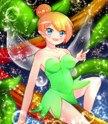 Rule 34 | 1girl, absurdres, bare arms, bare legs, bare shoulders, blonde hair, blue eyes, disney, dress, fairy, fairy wings, green dress, hair bun, highres, looking at viewer, mari0u0, open mouth, peter pan, pointy ears, single hair bun, smile, solo, sparkle, strapless, strapless dress, tinker bell (disney), wings