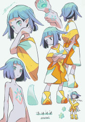Rule 34 | androgynous, animal ears, aqua eyes, arm up, arms behind back, artist name, blue hair, blunt bangs, boots, capelet, closed eyes, closed mouth, cropped torso, crossed arms, flat chest, floppy ears, from side, gender request, hair flip, highres, holding own wrist, hole on body, looking at viewer, looking down, looking to the side, multiple views, nude, orange capelet, orange footwear, orange shorts, original, ototoi (eevees813), short hair, short ponytail, shorts, sideways glance, signature, simple background, standing, translation request, white background, white capelet, white footwear, white shorts