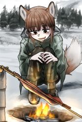 Rule 34 | 1girl, absurdres, animal ears, brown eyes, brown hair, campfire, cooking, drooling, food, forest, fox ears, fox girl, fox girl (yihan1949), fox tail, highres, meat, military uniform, nature, original, solo, tail, uniform, yihan1949