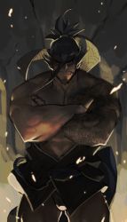 Rule 34 | 1boy, abs, arm tattoo, bara, black hair, bulge, chest tattoo, cowboy shot, crossed arms, fundoshi, gomtang, hair strand, hanzo (overwatch), japanese clothes, kimono, large pectorals, looking at viewer, male focus, mature male, muscular, muscular male, no pants, open clothes, open kimono, overwatch, overwatch 1, pectorals, petals, short hair, smile, smug, solo, tattoo, thick thighs, thighs, wind