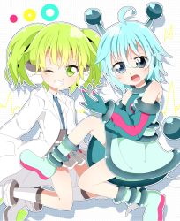 Rule 34 | 2girls, :d, ahoge, aqua hair, bad id, bad pixiv id, blue eyes, boots, borrowed character, green eyes, green hair, grin, highres, kyapinetzu, looking at viewer, multiple girls, open mouth, original, pleated skirt, short hair, skirt, smile, twintails