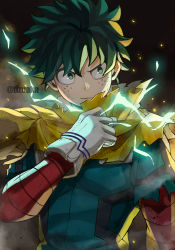 Rule 34 | 1boy, ashes, bodysuit, boku no hero academia, cape, capelet, clenched hand, closed mouth, embers, freckles, frown, full cowling (boku no hero academia), furrowed brow, gloves, green bodysuit, green eyes, green hair, green jumpsuit, hand on own chest, hand up, highres, jumpsuit, looking away, male focus, midoriya izuku, red sleeves, serious, short hair, solo, tonbanlove, toned, toned male, torn cape, torn clothes, torn sleeves, twitter username, upper body, v-shaped eyebrows, white gloves, yellow capelet