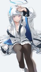 Rule 34 | 1girl, absurdres, blue archive, blush, boots, breasts, collared shirt, formal, grey hair, halo, heimu (heim kstr), highres, id card, jacket, large breasts, long hair, miniskirt, noa (blue archive), off shoulder, pantyhose, pleated skirt, purple eyes, shirt, simple background, skirt, suit, two-sided fabric, two-sided jacket, very long hair, white jacket, white shirt, white suit