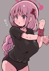 Rule 34 | 1girl, :o, black buruma, black shirt, blue archive, blush, braid, breasts, buruma, commentary, eimi (blue archive), es (eisis), flying sweatdrops, grey background, hair ornament, halo, highres, large breasts, long hair, parted lips, pink eyes, pink hair, shirt, shirt tucked in, short sleeves, simple background, single braid, solo, stretching, sweat, very long hair