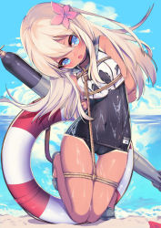 Rule 34 | 10s, 1girl, ao jun, blonde hair, blue eyes, bound, breasts, flower, hair ornament, kantai collection, lifebuoy, ro-500 (kancolle), small breasts, solo, swim ring, swimsuit, tan, tied up, torn clothes, torpedo, wet