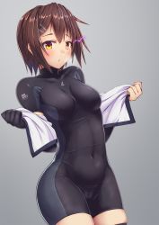 Rule 34 | 1girl, black bodysuit, black gloves, black thighhighs, bodysuit, breasts, brown hair, cameltoe, covered navel, elbow gloves, furutaka (kancolle), furutaka kai ni (kancolle), gloves, glowing, glowing eye, hair ornament, hairclip, heterochromia, highres, kantai collection, medium breasts, noronosuke, open clothes, open shirt, short hair, single elbow glove, single thighhigh, solo, thighhighs, undressing, yellow eyes