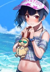 Rule 34 | 1girl, bad id, bad twitter id, blue sky, blush, checkered clothes, checkered shirt, cloud, collarbone, commentary, day, frilled sleeves, frills, hands up, hat, highres, idolmaster, idolmaster shiny colors, looking at viewer, midriff, morino rinze, navel, ocean, osoba susurukun, outdoors, over shoulder, purple shirt, red eyes, scrunchie, shell, shirt, short sleeves, side ponytail, sidelocks, sky, smile, solo, stuffed toy, sunglasses, visor cap, water drop, wavy hair, white hat, wrist scrunchie, zipper, zipper pull tab