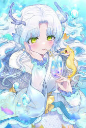 Rule 34 | 1girl, absurdres, bubble, cup, drinking, drinking straw, fins, fish, food, green eyes, hand on own cheek, hand on own face, head fins, highres, holding, holding cup, horns, ice cream, ice cream float, kakizato, long sleeves, new year, original, scales, seahorse, solo, star (symbol), two side up, underwater, white hair