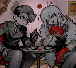 Rule 34 | 1boy, 1girl, absurdres, ahoge, belt, black eyes, black gloves, black hair, black jacket, black pants, black vest, blush, buckle, card, chair, character request, checkered floor, closed mouth, commission, copyright request, deck of cards, elbow on table, fangs, formal, fur trim, glasses, gloves, highres, jacket, jewelry, long hair, long sleeves, medal, military, military jacket, military uniform, multiple rings, musical note, open mouth, painting (object), pants, playing card, rectangular eyewear, red eyes, red gloves, ring, round table, shirt, short hair, sidelocks, smile, speech bubble, suit, table, tonkatsu184, uniform, vest, white hair, white shirt