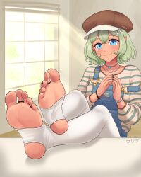 Rule 34 | 1girl, beret, black nails, blue eyes, cross hair ornament, efreezerarts, elf, feet, foot focus, green hair, hair ornament, hat, highres, indie virtual youtuber, jewelry, legs, light green hair, looking at viewer, nail polish, no shoes, overall shorts, overalls, pantyhose, pointy ears, presenting foot, renee tala, shirt, smile, soles, solo, spread toes, stirrup legwear, strap slip, striped clothes, striped shirt, toe ring, toeless legwear, toenail polish, toenails, toes, virtual youtuber, watch, wristwatch