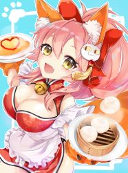 Rule 34 | 1girl, animal ear fluff, animal ears, animal hands, apron, bad id, bad pixiv id, bare shoulders, bell, breasts, cat hair ornament, cat paws, china dress, chinese clothes, chinese food, cleavage cutout, clothing cutout, collar, collarbone, dress, fangs, fate/grand order, fate (series), food, fox ears, fox tail, gloves, hair ornament, hair ribbon, jingle bell, large breasts, long hair, looking at viewer, maid, maid headdress, naked apron, neck bell, nekomiya noru (yuduki710), omelet, omurice, open mouth, paw gloves, pink hair, ponytail, red ribbon, ribbon, solo, tail, tamamo (fate), tamamo cat (fate)