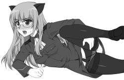 Rule 34 | 00s, 1girl, animal ears, blonde hair, blush, crotch seam, fang, glasses, greyscale, long hair, lying, monochrome, on side, open mouth, panties, panties under pantyhose, pantyhose, perrine h. clostermann, shichimenchou, simple background, solo, spread legs, strike witches, thighband pantyhose, underwear, uniform, world witches series
